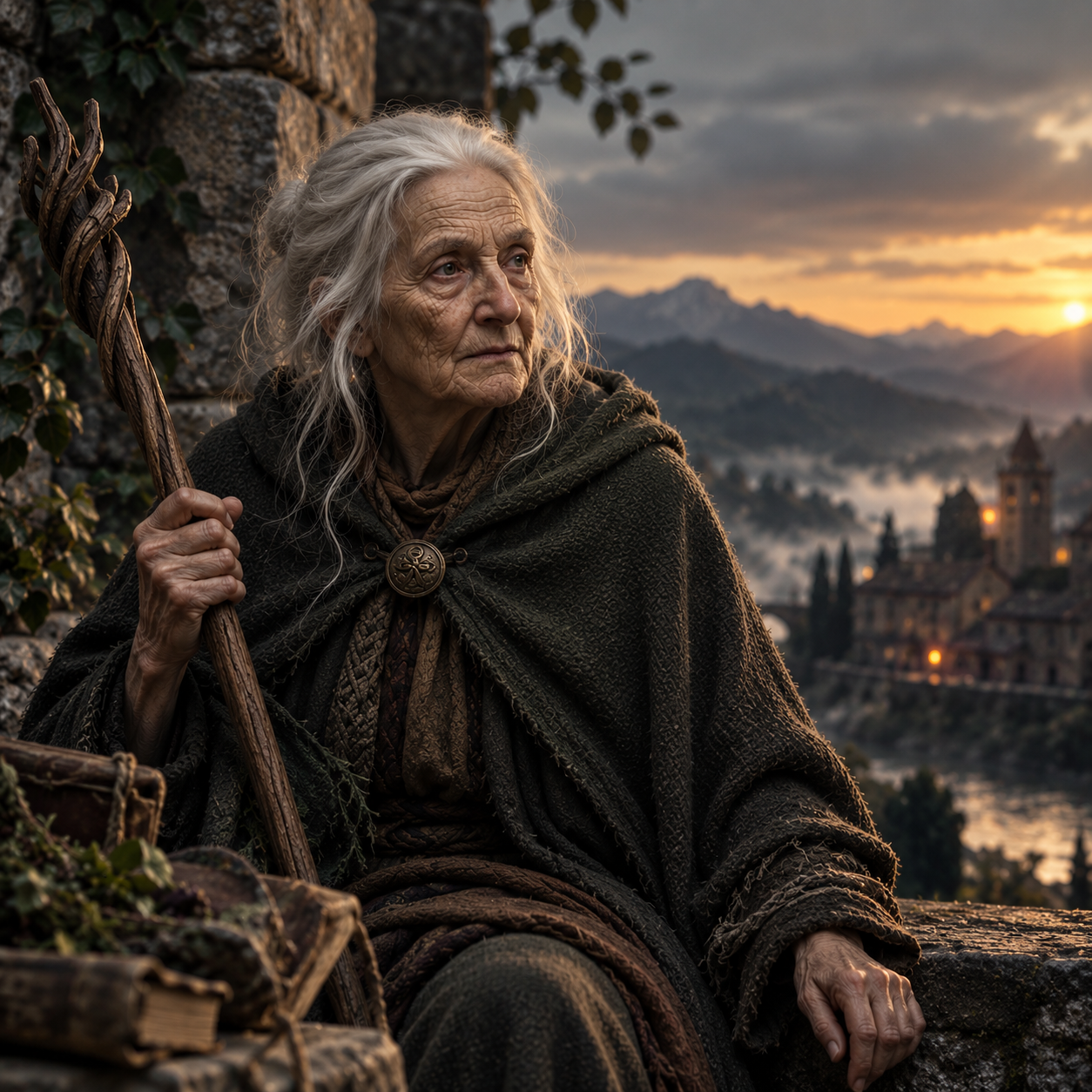 Amaia, anciana de pelo blanco y capa oscura, con un bastón retorcido, sentada frente a un pueblo y las montañas al atardecer.
