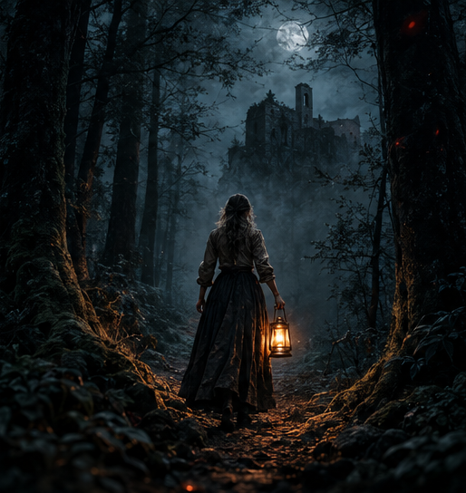 Una mujer camina de espaldas por un bosque nocturno, con un farol, hacia unas ruinas.