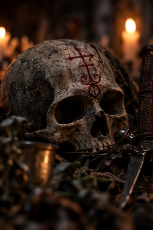 Calavera marcada con un sigil rojo, entre velas y una daga.