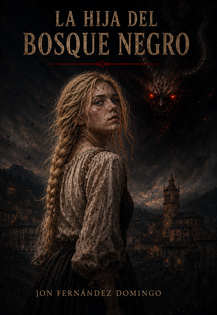 Portada de La hija del bosque negro: María mira hacia atrás mientras una presencia de cuernos y ojos rojos surge sobre un pueblo.